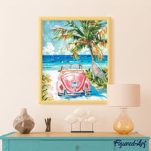 Charger l'image dans la galerie, Broderie Diamant - Voiture rose près de la mer 40x50cm toile tendue sur châssis