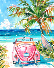 Charger l'image dans la galerie, Diamond Painting - Broderie Diamant - Voiture rose près de la mer 40x50cm toile tendue sur châssis