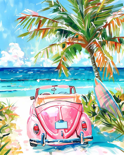 Diamond Painting - Broderie Diamant - Voiture rose près de la mer 40x50cm toile tendue sur châssis