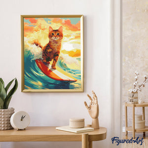 Broderie Diamant - Chat surfeur 40x50cm toile tendue sur châssis