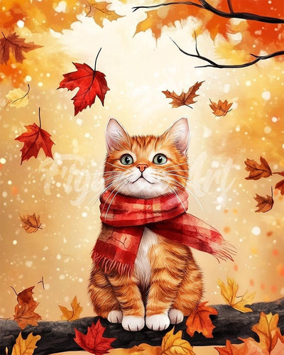 Diamond Painting - Broderie Diamant - Chat douillet en Automne 40x50cm toile tendue sur châssis