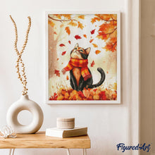 Charger l&#39;image dans la galerie, Broderie Diamant - Chat joueur en Automne 40x50cm toile tendue sur châssis