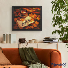 Charger l&#39;image dans la galerie, Broderie Diamant - Thé et livre en Automne 40x50cm toile tendue sur châssis