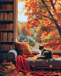 Diamond Painting - Broderie Diamant - Vue du Chat en Automne 40x50cm toile tendue sur châssis