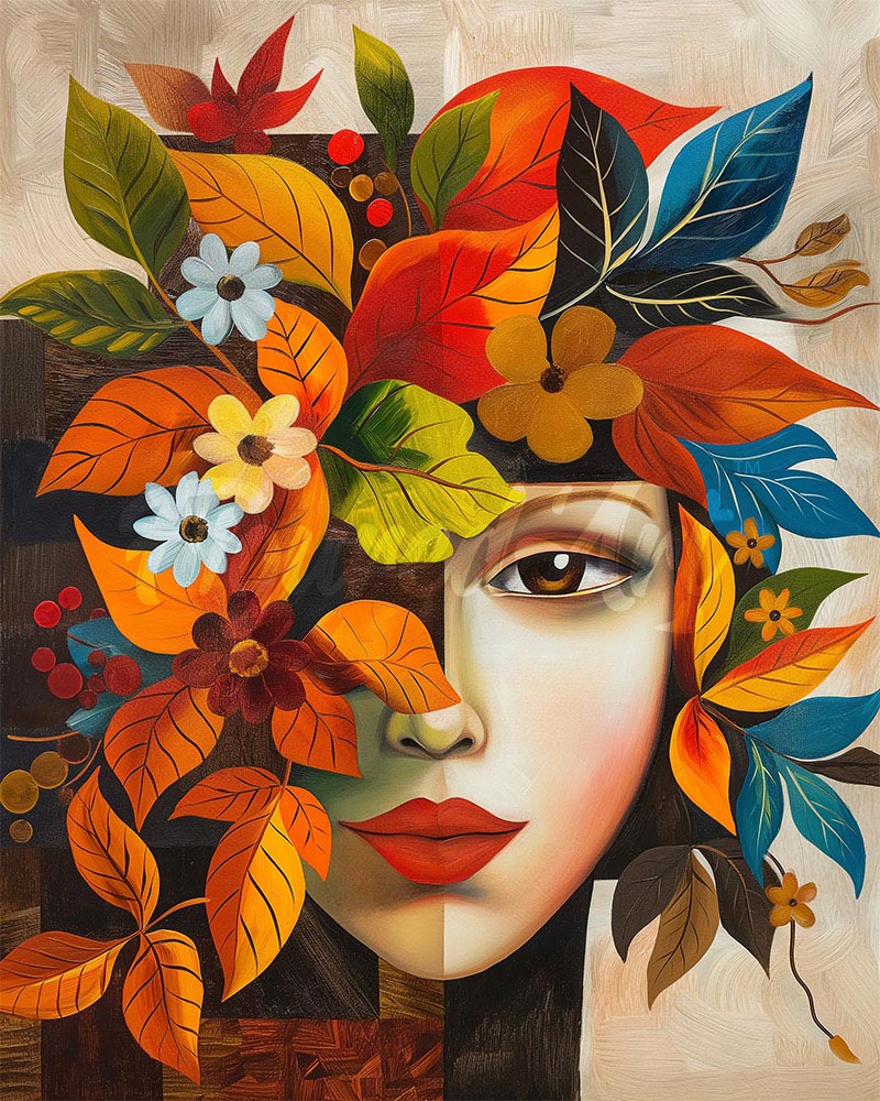 Diamond Painting - Broderie Diamant - Visage floral d'Automne inspiré de Picasso 40x50cm toile tendue sur châssis