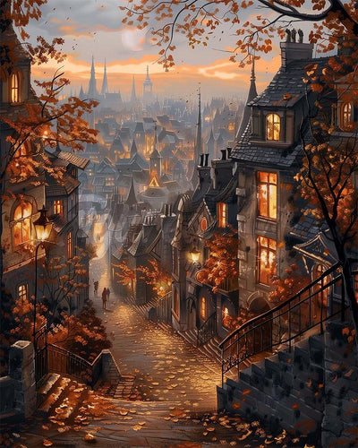 Diamond Painting - Broderie Diamant - Rue d'Automne et vieille Ville 40x50cm toile tendue sur châssis