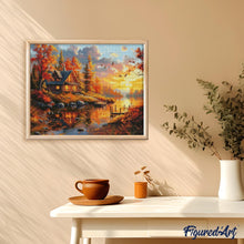 Charger l&#39;image dans la galerie, Broderie Diamant - Coucher de soleil automnal près de la Cabane 40x50cm toile tendue sur châssis