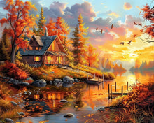 Charger l&#39;image dans la galerie, Diamond Painting - Broderie Diamant - Coucher de soleil automnal près de la Cabane 40x50cm toile tendue sur châssis