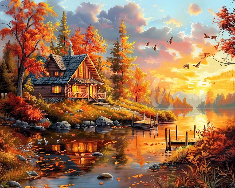 Diamond Painting - Broderie Diamant - Coucher de soleil automnal près de la Cabane 40x50cm toile tendue sur châssis