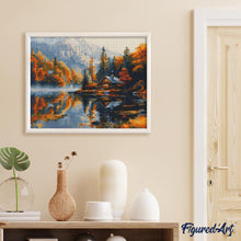 Charger l&#39;image dans la galerie, Broderie Diamant - Cabane au bord du Lac en Automne 40x50cm toile tendue sur châssis