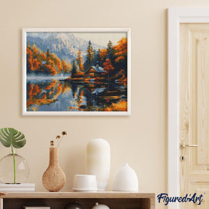 Broderie Diamant - Cabane au bord du Lac en Automne 40x50cm toile tendue sur châssis