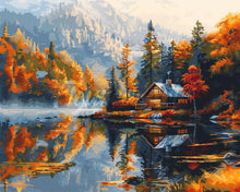 Charger l&#39;image dans la galerie, Diamond Painting - Broderie Diamant - Cabane au bord du Lac en Automne