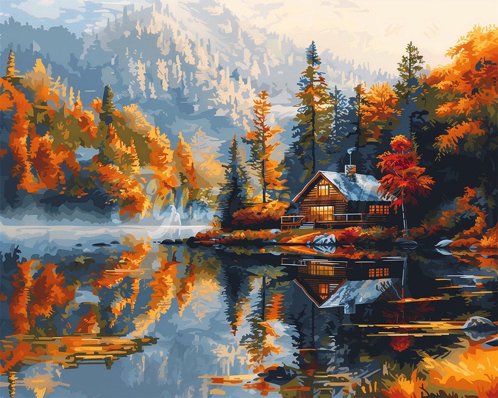 Diamond Painting - Broderie Diamant - Cabane au bord du Lac en Automne 40x50cm toile tendue sur châssis