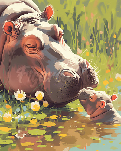 Diamond Painting - Broderie Diamant - Bébé Hippopotame embrassant sa Maman