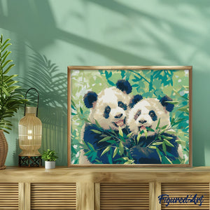 Broderie Diamant - Pandas mangeant du Bambou