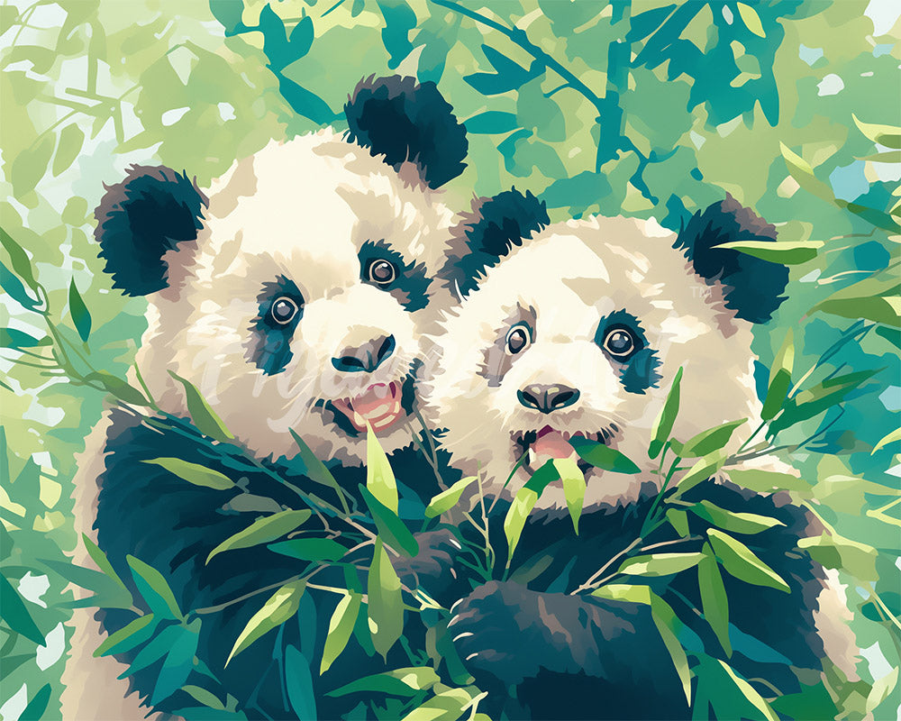 Diamond Painting - Broderie Diamant - Pandas mangeant du Bambou