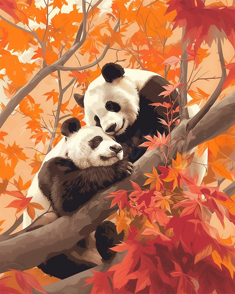 Diamond Painting - Broderie Diamant - Jumeaux Pandas en Automne