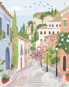 Diamond Painting - Broderie Diamant - Ville à flanc de colline pastel