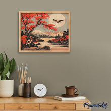 Charger l&#39;image dans la galerie, Broderie Diamant - Grues et Vue sur le Mont Fuji 40x50cm toile tendue sur châssis