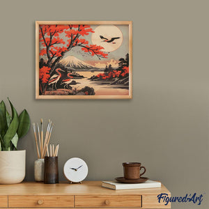 Broderie Diamant - Grues et Vue sur le Mont Fuji 40x50cm toile tendue sur châssis