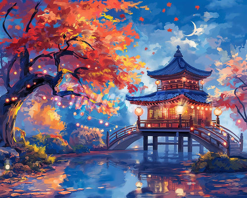 Diamond Painting - Broderie Diamant - Pagode par une Nuit d’Automne 40x50cm toile tendue sur châssis