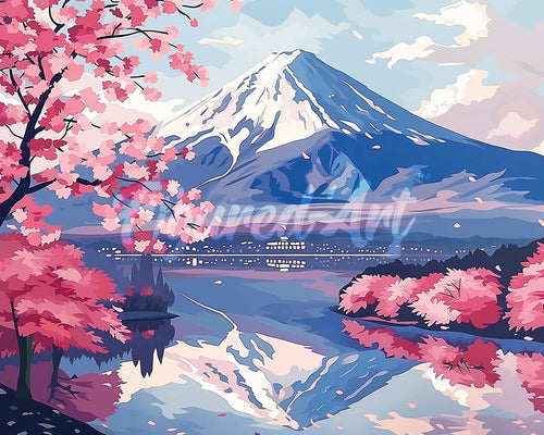Diamond Painting - Broderie Diamant - Mont Fuji et Lac aux Cerisiers en Fleurs 40x50cm toile tendue sur châssis