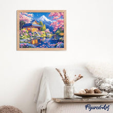 Charger l&#39;image dans la galerie, Broderie Diamant - Maison et Cerisiers en Fleurs près de l’Étang 40x50cm toile tendue sur châssis
