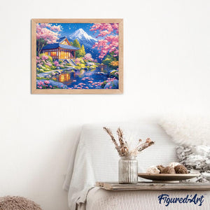 Broderie Diamant - Maison et Cerisiers en Fleurs près de l’Étang 40x50cm toile tendue sur châssis