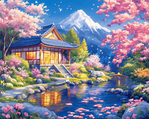 Diamond Painting - Broderie Diamant - Maison et Cerisiers en Fleurs près de l’Étang 40x50cm toile tendue sur châssis