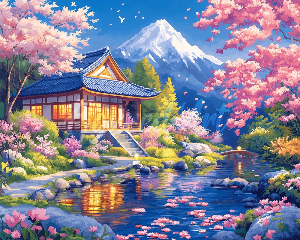 Diamond Painting - Broderie Diamant - Maison et Cerisiers en Fleurs près de l’Étang 40x50cm toile tendue sur châssis