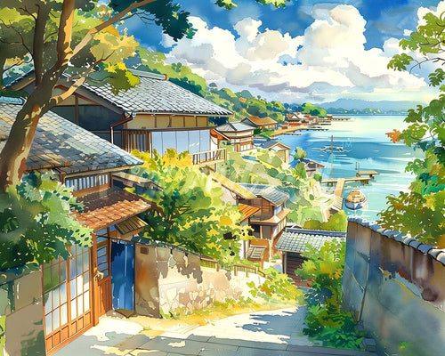 Diamond Painting - Broderie Diamant - Village Côtier au Japon 40x50cm toile tendue sur châssis