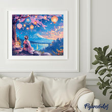 Charger l&#39;image dans la galerie, Broderie Diamant - Geisha, Lanternes et Mont Fuji 40x50cm toile tendue sur châssis