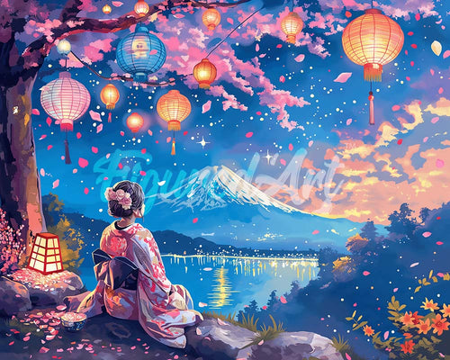 Diamond Painting - Broderie Diamant - Geisha, Lanternes et Mont Fuji 40x50cm toile tendue sur châssis