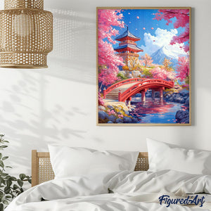 Broderie Diamant - Pont Rouge et Cerisiers en Fleurs 40x50cm toile tendue sur châssis