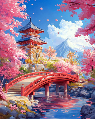 Diamond Painting - Broderie Diamant - Pont Rouge et Cerisiers en Fleurs 40x50cm toile tendue sur châssis
