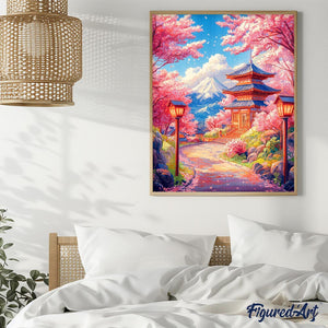 Broderie Diamant - Route des Cerisiers en Fleurs vers la Pagode 40x50cm toile tendue sur châssis