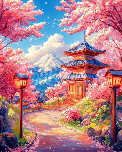 Diamond Painting - Broderie Diamant - Route des Cerisiers en Fleurs vers la Pagode 40x50cm toile tendue sur châssis