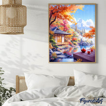 Charger l&#39;image dans la galerie, Broderie Diamant - Maison de Thé d’Automne au Bord du Lac 40x50cm toile tendue sur châssis