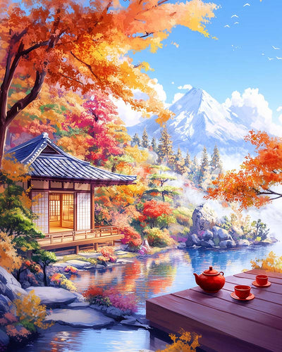 Diamond Painting - Broderie Diamant - Maison de Thé d’Automne au Bord du Lac 40x50cm toile tendue sur châssis
