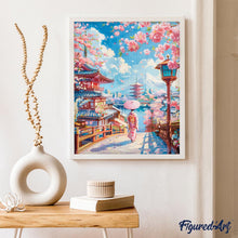 Charger l&#39;image dans la galerie, Broderie Diamant - Rue des Cerisiers en Fleurs à Kyoto 40x50cm toile tendue sur châssis