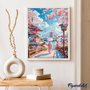 Broderie Diamant - Rue des Cerisiers en Fleurs à Kyoto 40x50cm toile tendue sur châssis