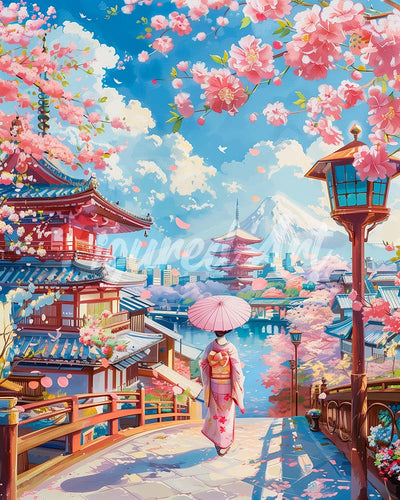 Diamond Painting - Broderie Diamant - Rue des Cerisiers en Fleurs à Kyoto 40x50cm toile tendue sur châssis