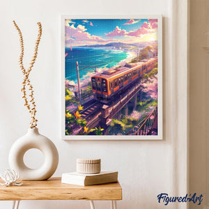 Broderie Diamant - Chemin de Fer des Cerisiers en Fleurs au Bord de l’Océan 40x50cm toile tendue sur châssis