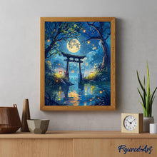 Charger l&#39;image dans la galerie, Broderie Diamant - Torii au Clair de Lune et Lucioles 40x50cm toile tendue sur châssis