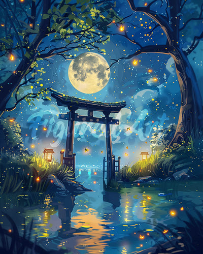 Diamond Painting - Broderie Diamant - Torii au Clair de Lune et Lucioles 40x50cm toile tendue sur châssis