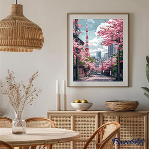 Broderie Diamant - Rue des Cerisiers en Fleurs à Tokyo 40x50cm toile tendue sur châssis