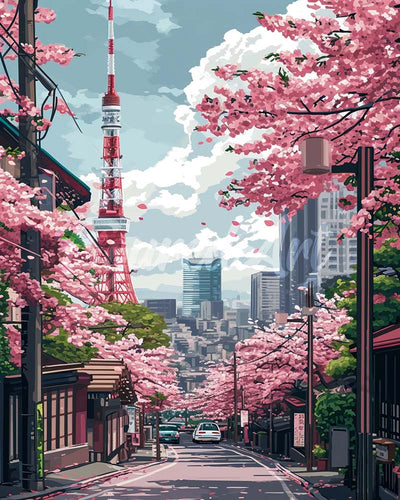 Diamond Painting - Broderie Diamant - Rue des Cerisiers en Fleurs à Tokyo 40x50cm toile tendue sur châssis