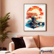 Charger l&#39;image dans la galerie, Broderie Diamant - Pagode sous le Soleil Levant 40x50cm toile tendue sur châssis