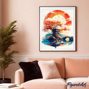 Broderie Diamant - Pagode sous le Soleil Levant 40x50cm toile tendue sur châssis