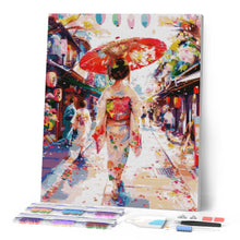 Charger l'image dans la galerie, Broderie Diamant - Femme en Yukata dans une Rue animée 40x50cm toile tendue sur châssis